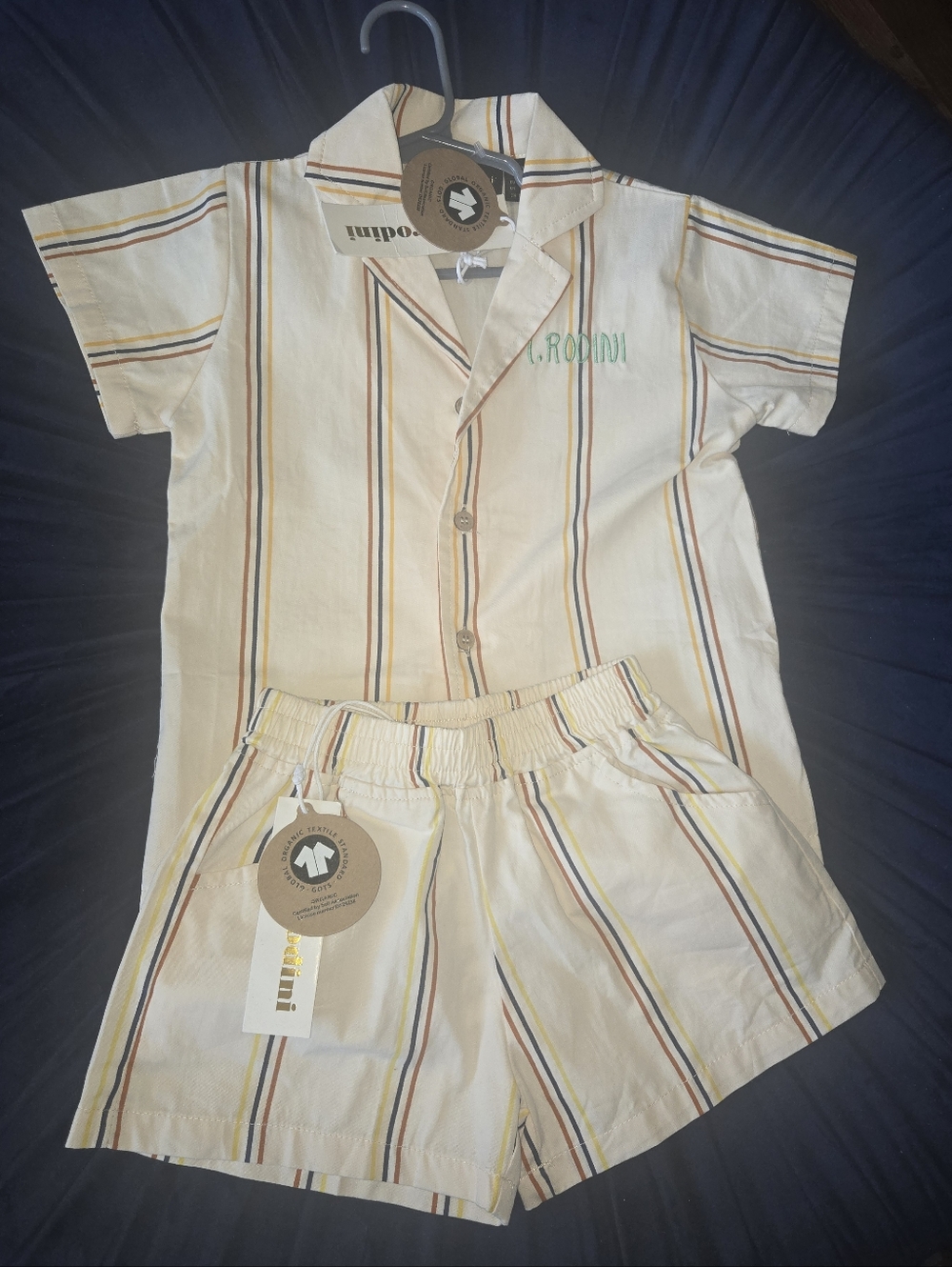 NWT Mini Rodini Organic Cotton And Boys Short Set - Cream Striped Shirt & Shorts - Picture 2 of 4